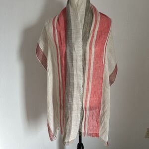 Eileen Fisher Scarf Salmon/Taupe/Brick Striped Linen Blend Fringed Wrap 22x72